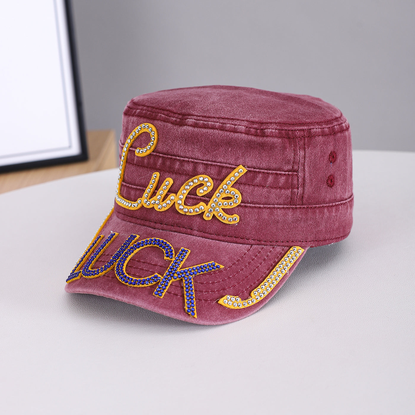 Summer Men's Solid-color Rhinestone-embroidered Letter  LUCK Water-washed Retro Sun-protective Street Fashion Hat For Gatherings, Street Dance, Casual Sports