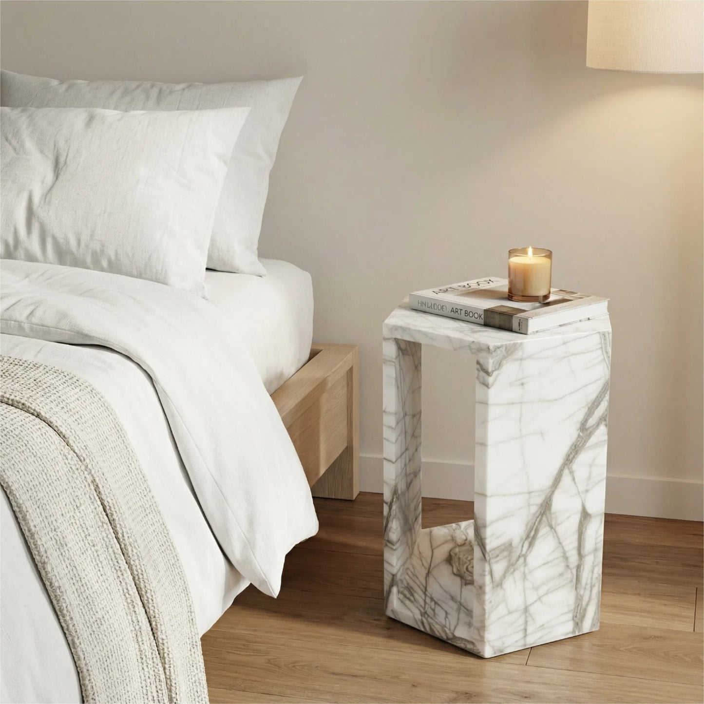 White Marble Hexagon Side Table, 15.7 in, Geometric Stone, Polished Pedestal