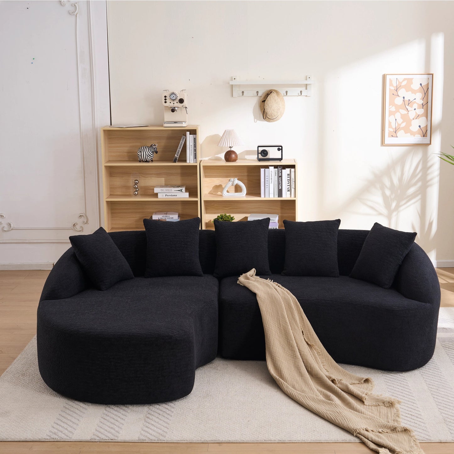 Sectional Sofa L-Shape Curved Chaise Chenille Black 5 Seat 106 In