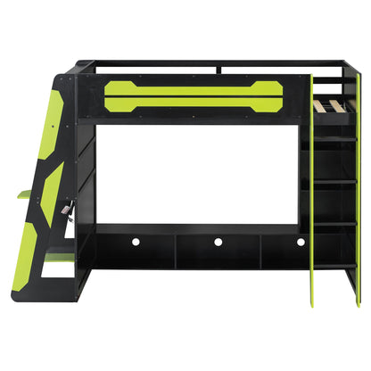 Twin Size Wood Loft Bed with Desk, Multi-storage Shelves and RGB Light, Green