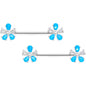 14G 9/16 Aqua Faux Opal Flower Barbell Nipple Ring Set