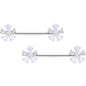 14G 9/16 White Faux Opal Flower Barbell Nipple Ring Set