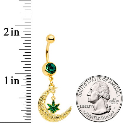 Green Gem Gold Tone Marijuana Pot Leaf Moon Dangle Belly Ring