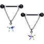 14G 5/8 Aurora Gem Black Plated Star Chain Dangle Nipple Ring Set