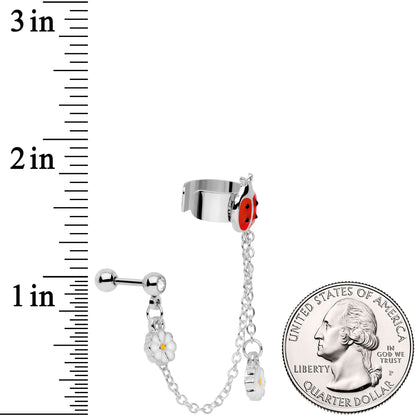 16G 1/4 Clear Gem Ladybug Flower Left Cuff Chain Cartilage Ring