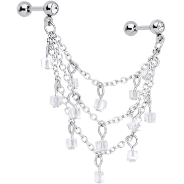 16G 1/4 Clear Gem Clear Cube Triple Dangle Cartilage Chain Earring