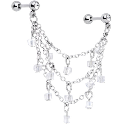 16G 1/4 Clear Gem Clear Cube Triple Dangle Cartilage Chain Earring