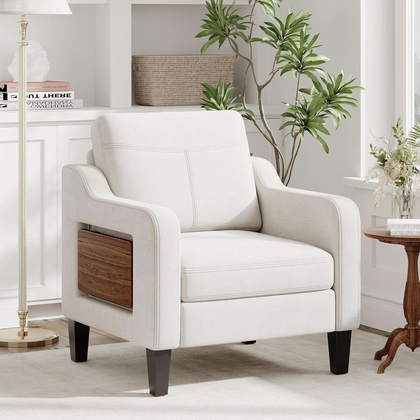 Beige Upholstered Accent Chair Foldable Table Home