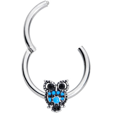 16G 3/8 Black Gem Ornate Blue Owl Hinged Segment Ring