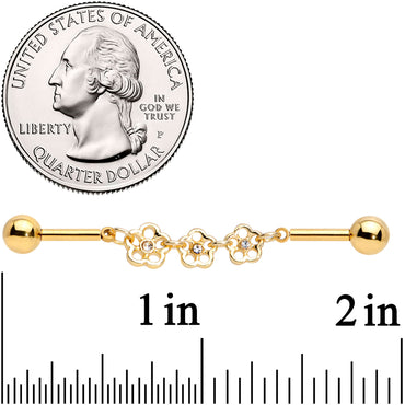 14G Clear Gem Gold Tone Flower Double Industrial Barbell 40mm