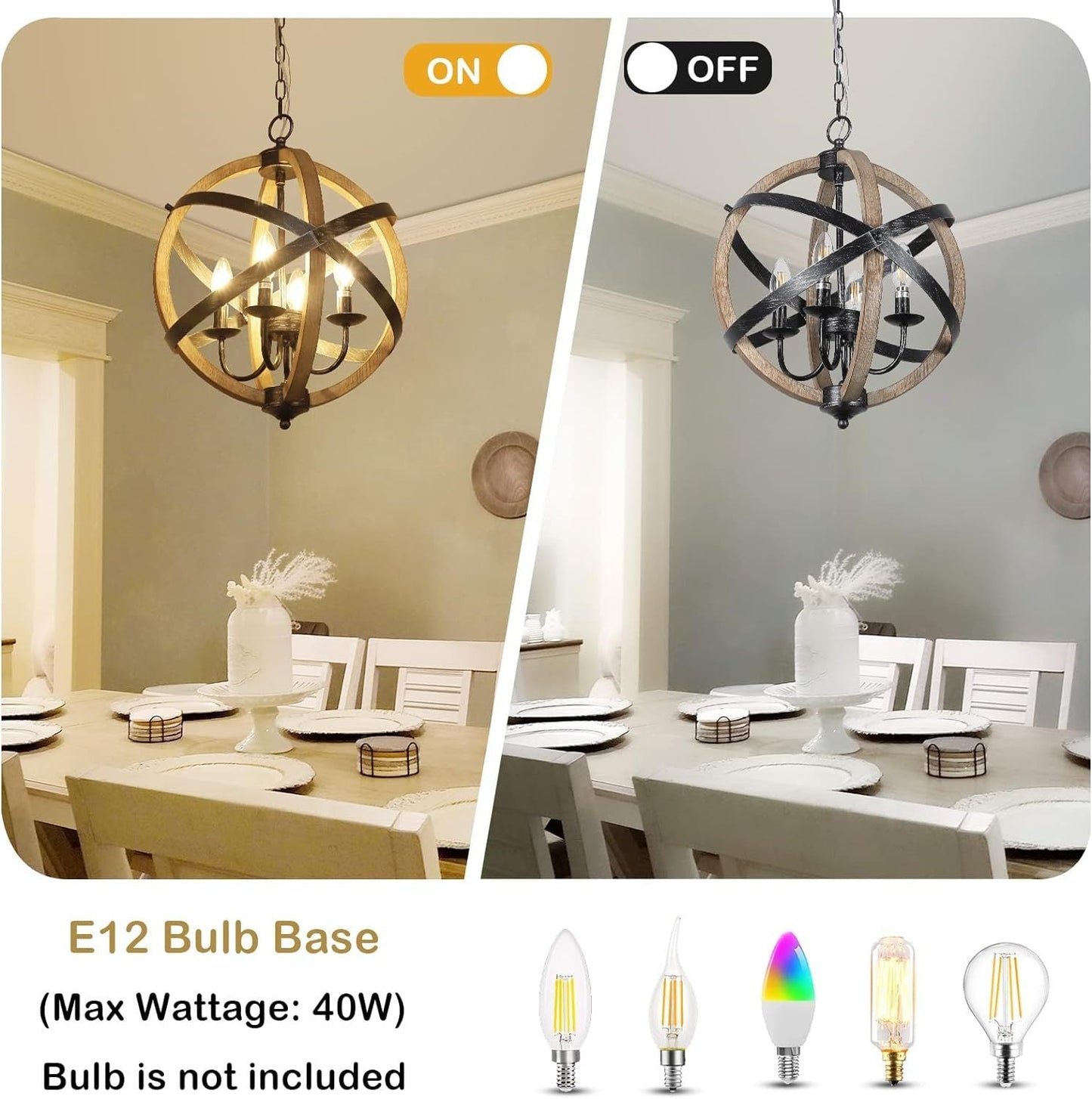 Chandelier Farmhouse 4-Light Rustic Wood Adjustable Kitchen Living