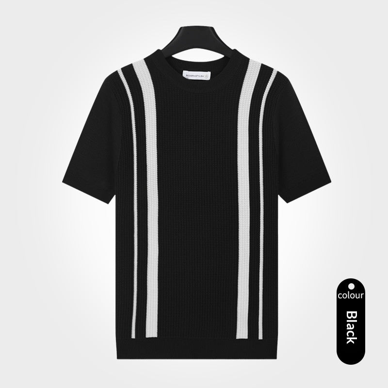Mens Ice-Silk Cool-Feel Striped Crew-Neck Knitted Top