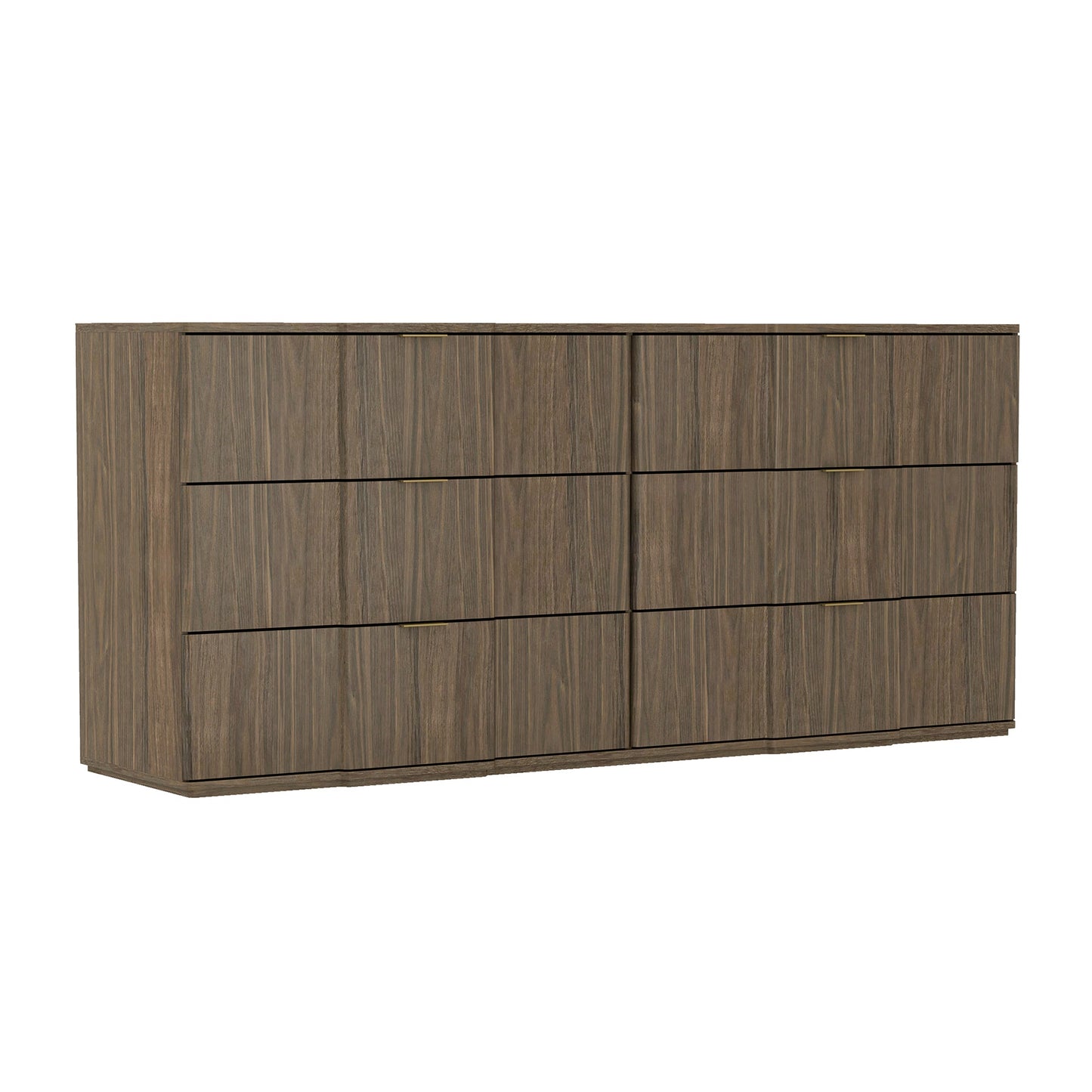 Dresser Modern 6-Drawer Walnut Gold MDF Sculpted Fronts Metal Handles 72 In