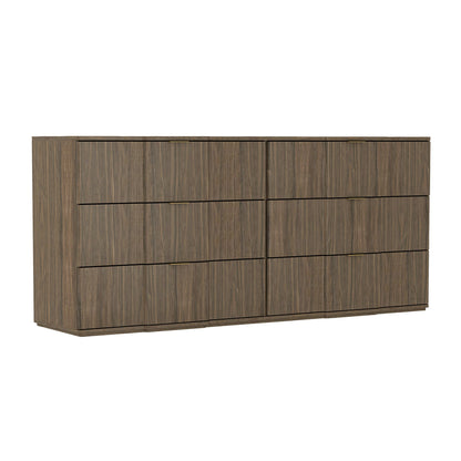 Dresser Modern 6-Drawer Walnut Gold MDF Sculpted Fronts Metal Handles 72 In