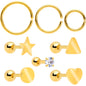 18G Clear CZ Gem Gold Tone Heart Cartilage Tragus Set of 8