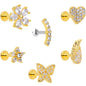 16G 1/4 CZ Gold Tone Internal Thread Labret Tragus Set of 6