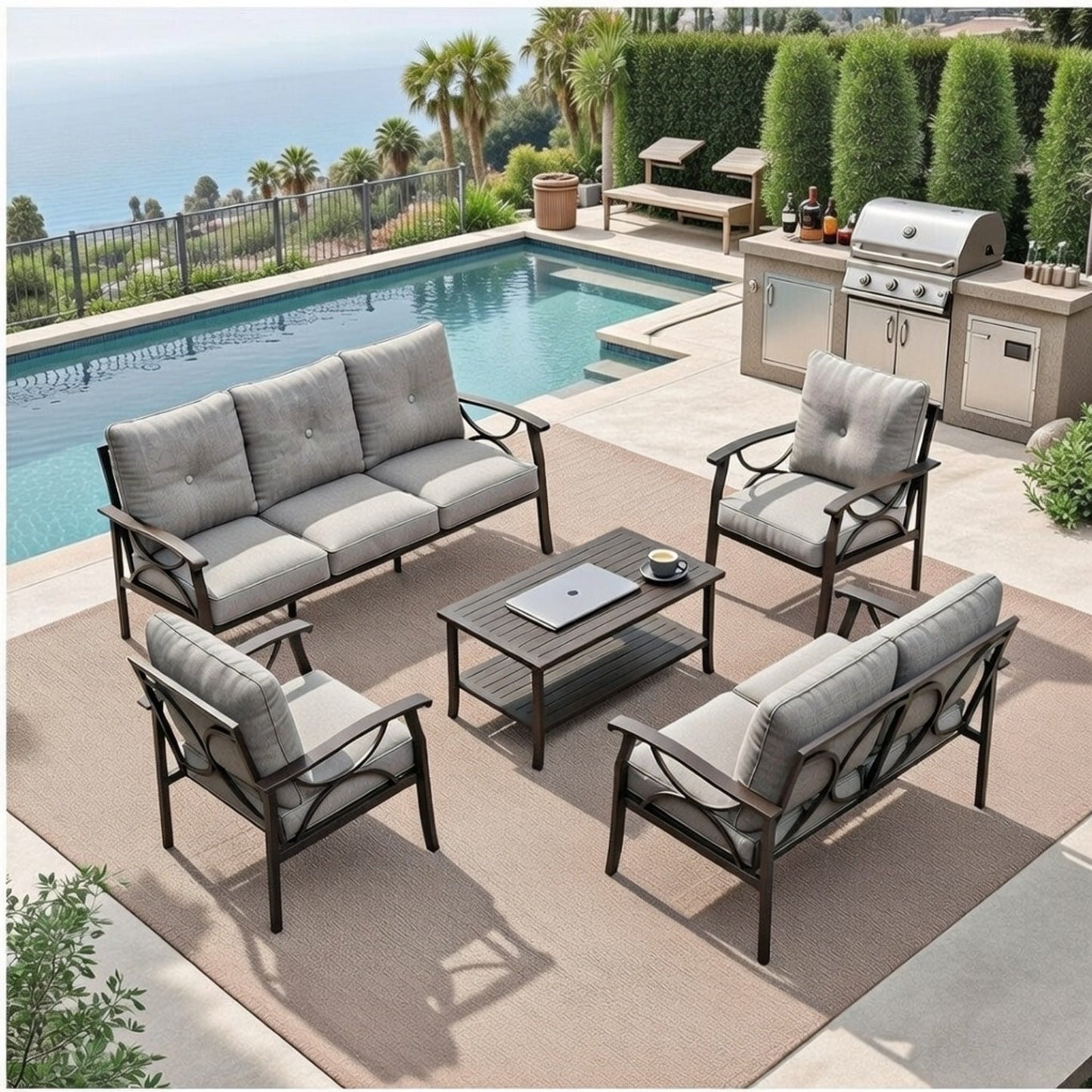 5 Piece Outdoor Patio Set Steel Seats 7 Gray