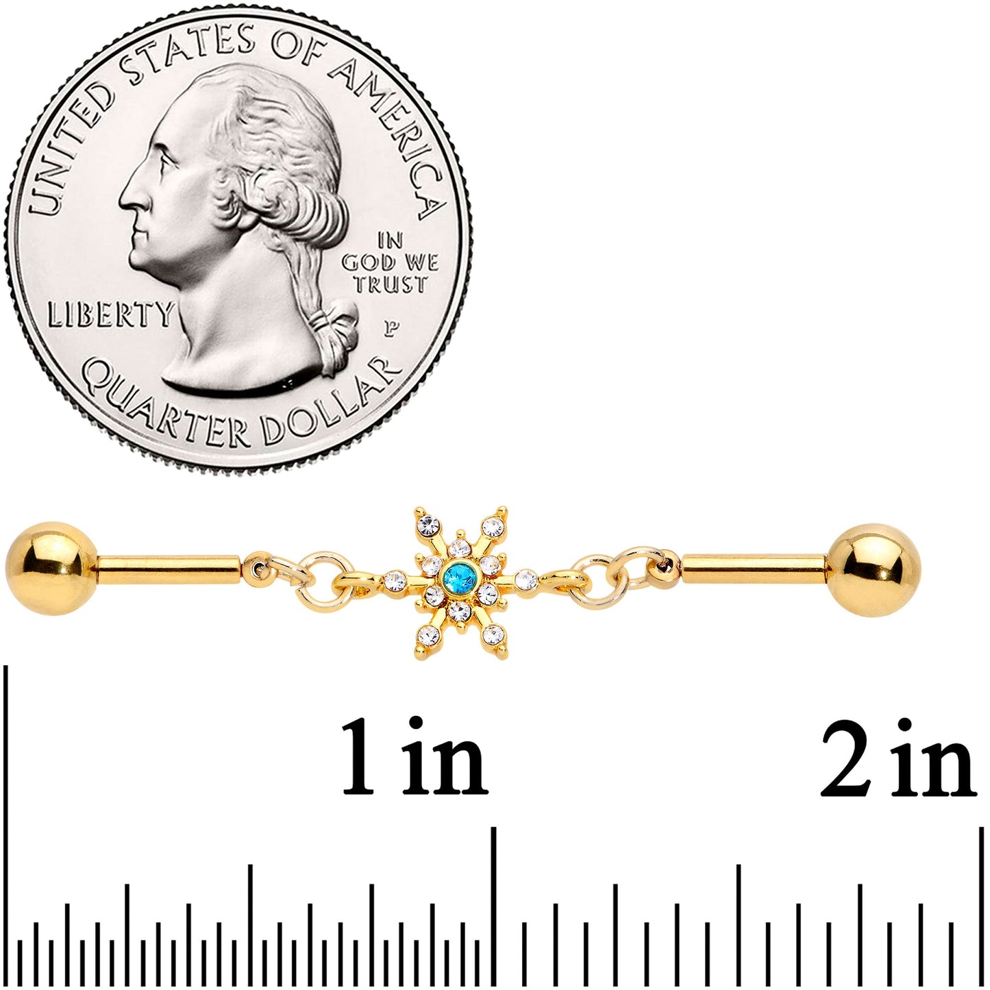 14G Blue CZ Gem Gold Hue Snowflake Double Industrial Barbell 38mm