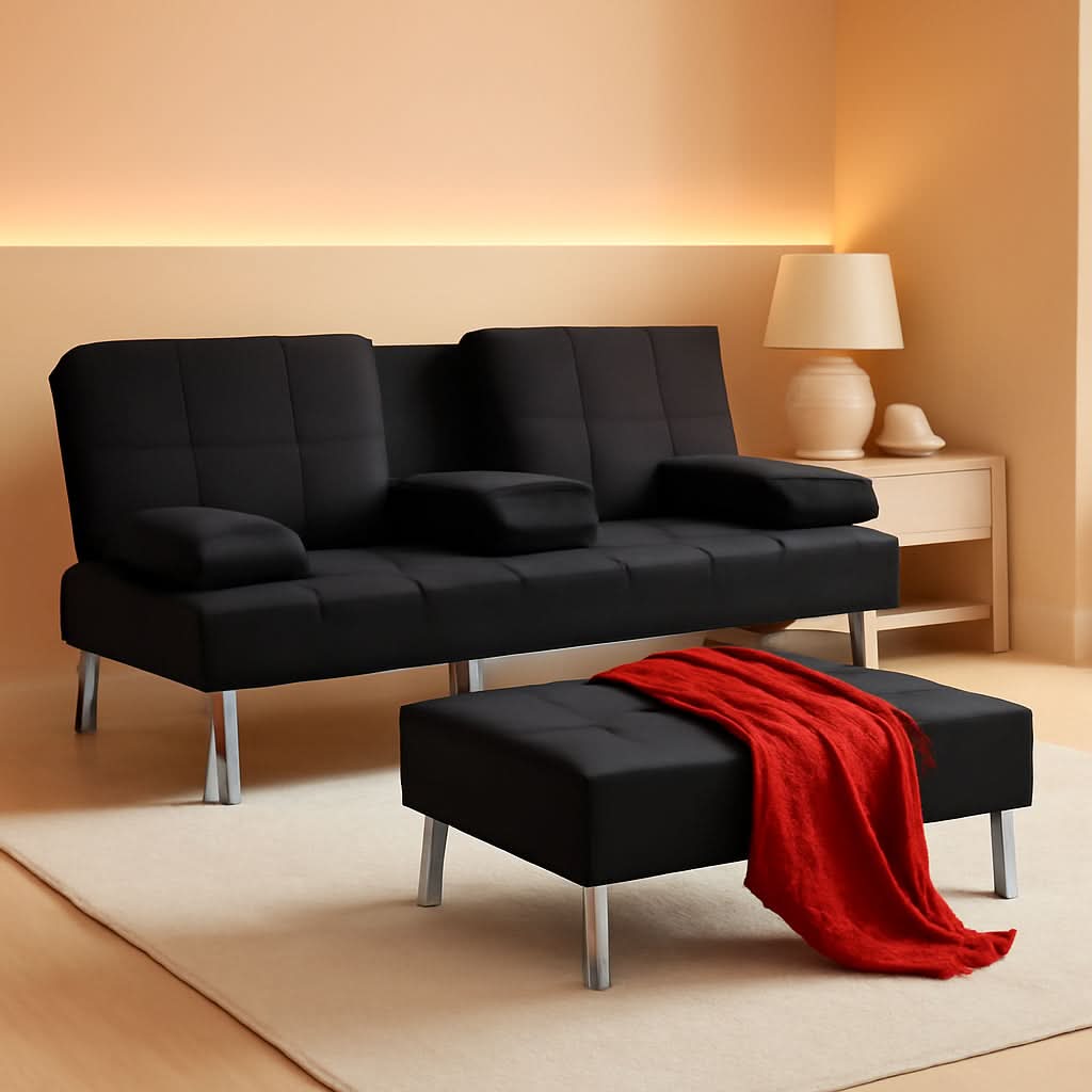 Black Linen Folding Futon Recliner With Cupholders
