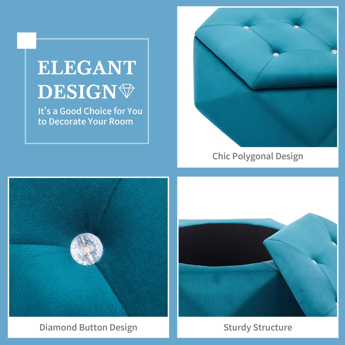 Elegant Velvet Polygon Diamond Tufted Storage Ottoman, Blue