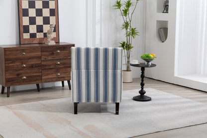 Accent Chair Vintage Striped Linen Blue White Nailhead Solid Wood Legs