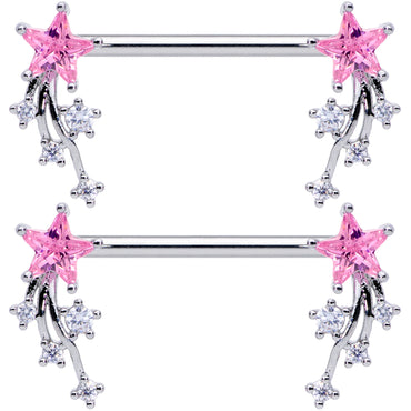 14G 5/8 Pink Clear CZ Gem Shooting Star Barbell Nipple Ring Set