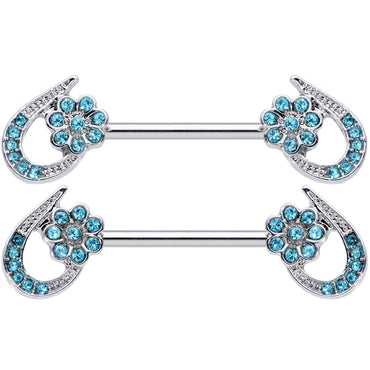 14G 5/8 Aqua Gem Heart Flower Barbell Nipple Ring Set