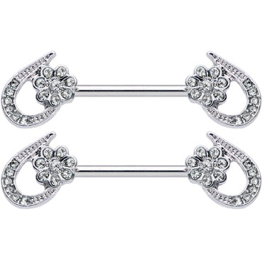 14G 5/8 Clear Gem Heart Flower Barbell Nipple Ring Set
