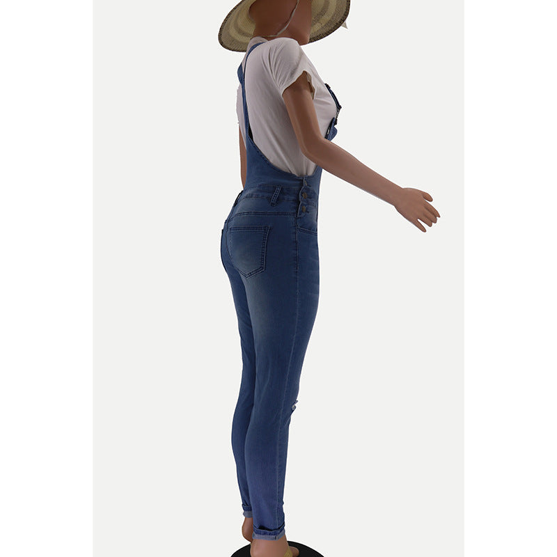 Womens Ripped Washed Denim Overalls
