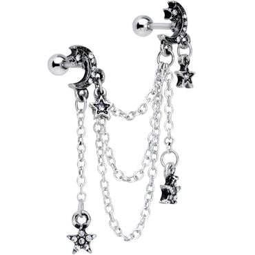 16G 1/4 Clear Gem Moon Star Triple Dangle Cartilage Chain Earring