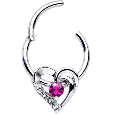 16G 3/8 Clear Pink Gem Swirling Heart Valentines Day Septum Ring