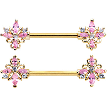 14G 9/16 Pink CZ Gem Gold Tone Pretty Barbell Nipple Ring Set