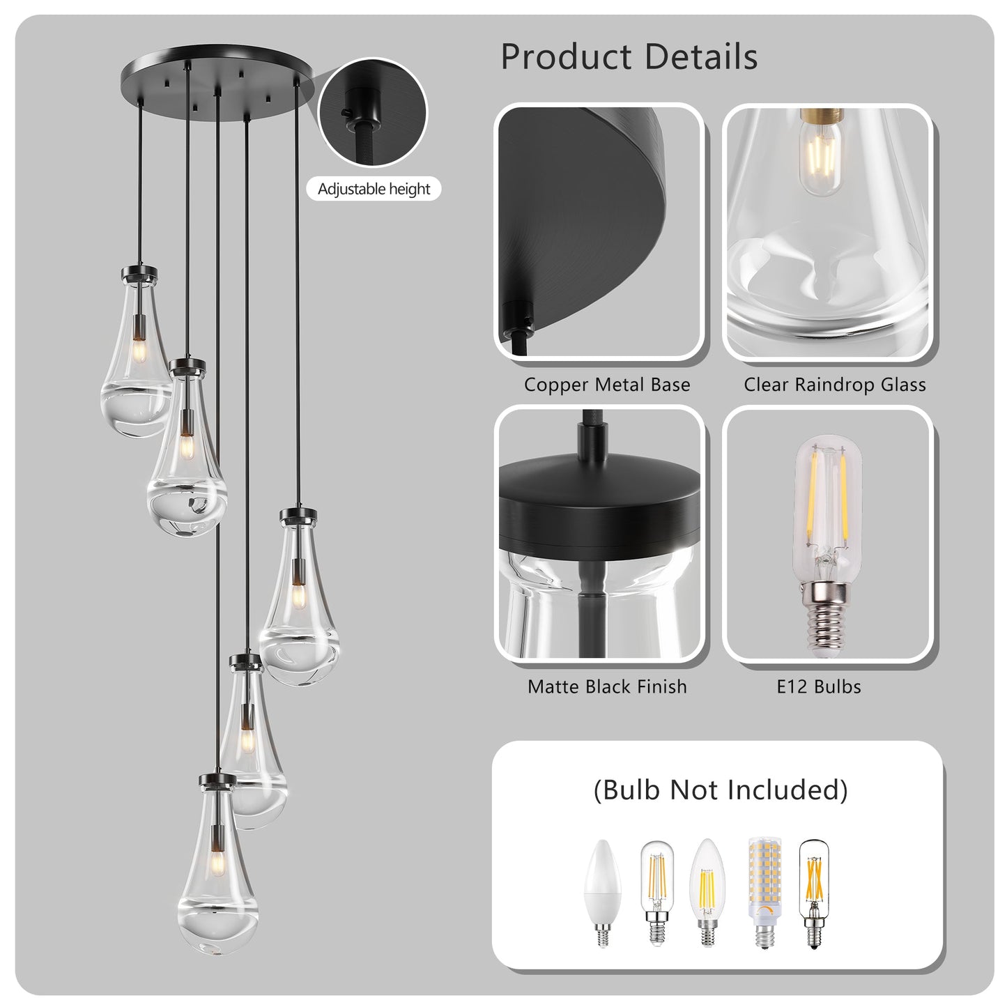 Chandelier 5-Light Cluster Pendant Black High Ceiling Adjustable E12