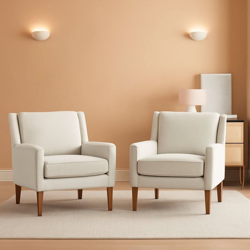 Beige Wingback Chairs With Wood Legs For Living Room