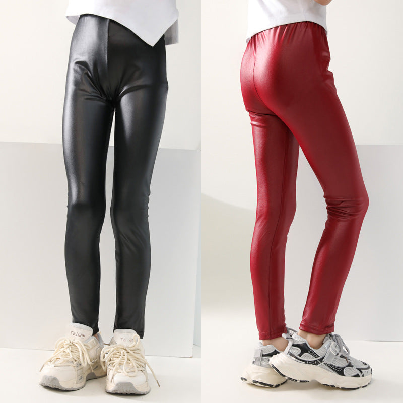 Thin Childrens Slim-fit Faux Leather Pants