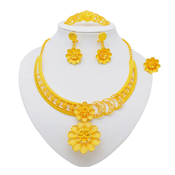 Gold Jewelry Suit Arabic Bridal Wedding Necklace Bracelet Earrings Ring