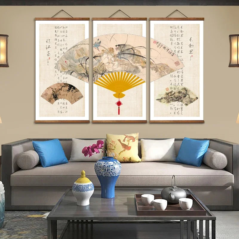 Chinese Fan Wall Art Scroll – Creative Solid Wood Hanging Poster