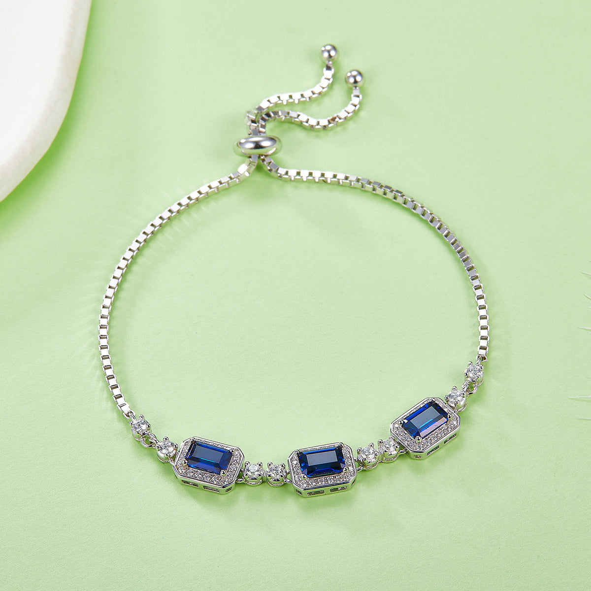 S925 Sterling Silver Adjustable Bolo Bracelet, 6x4mm 3-Stone Lab-Grown Emerald Sapphire Halo, 21cm Platinum Plated 6.2g Women's Jewelry Gift Box