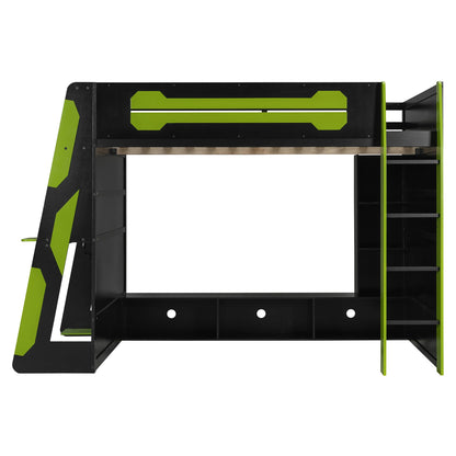 Full Size Wood Loft Bed with Desk, Multi-storage Shelves and RGB Light, Green