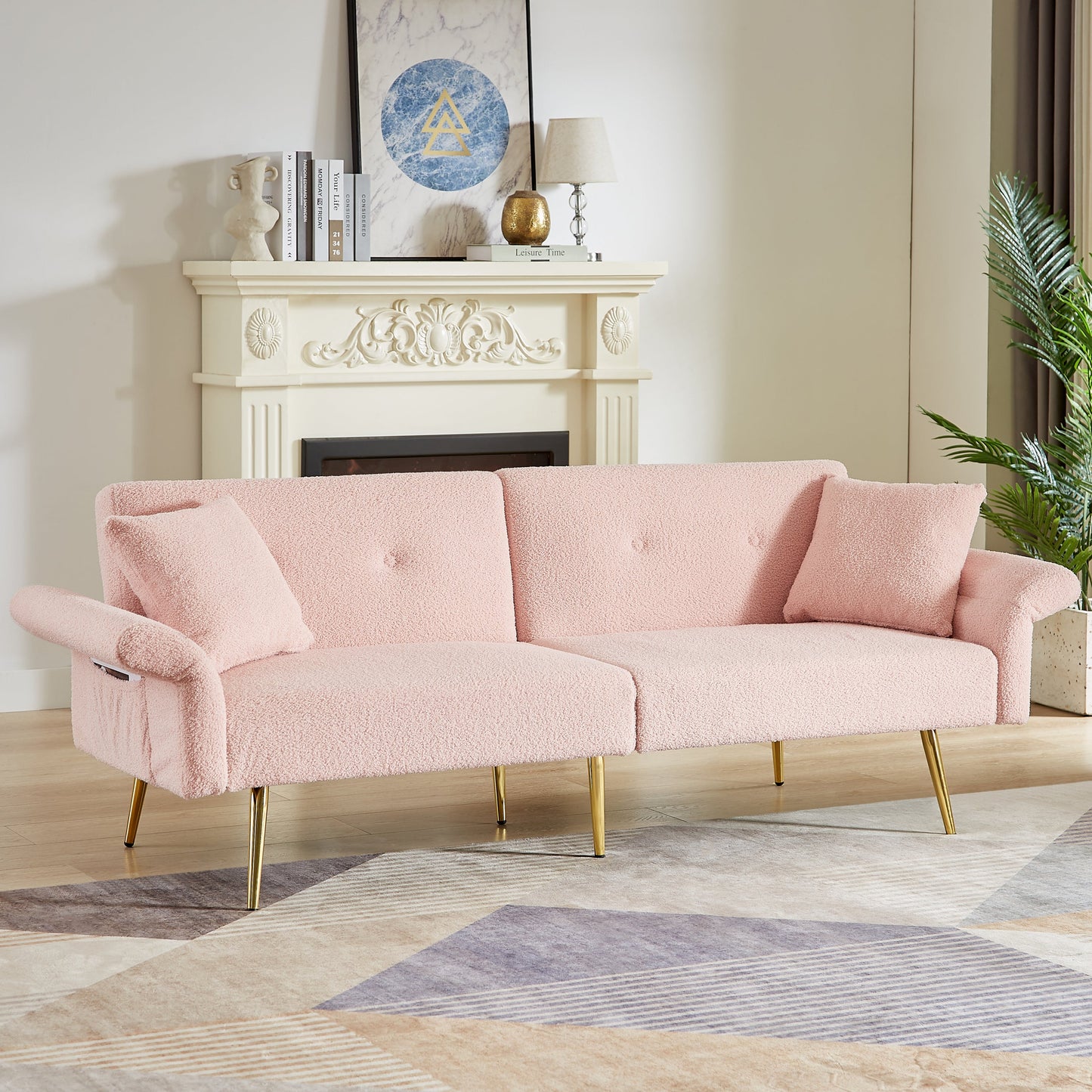 Loveseat Futon Teddy Fabric Pink Convertible 4-Angle Adjustable