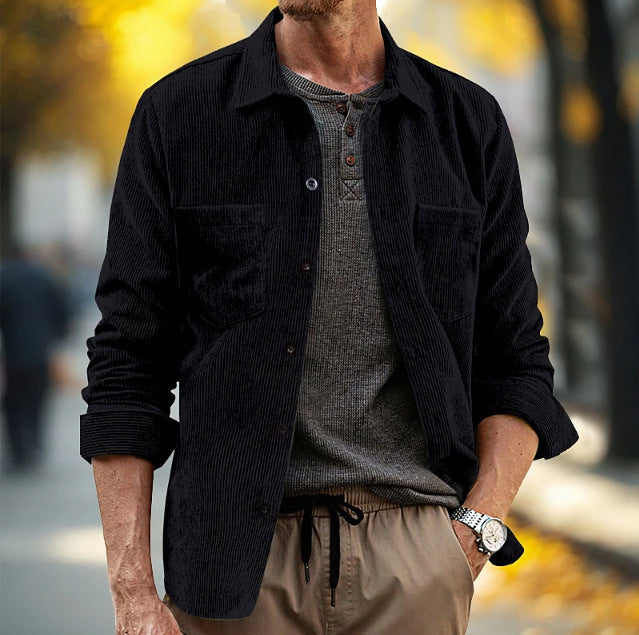 Mens Corduroy Long-Sleeve Casual Pocket Lapel Shirt Jacket