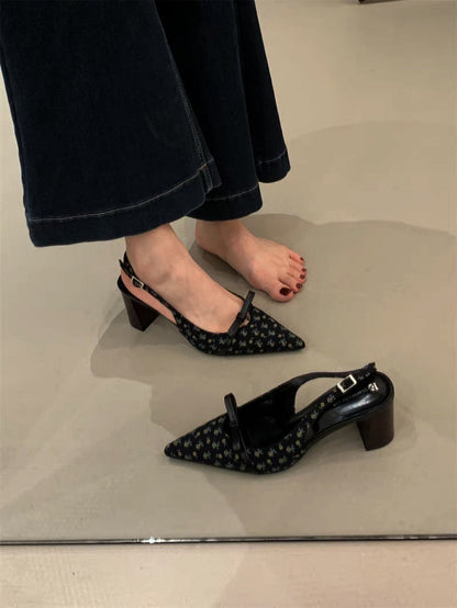 Women's PU Pointed-Toe Block-Heel Sandals with Ankle Strap