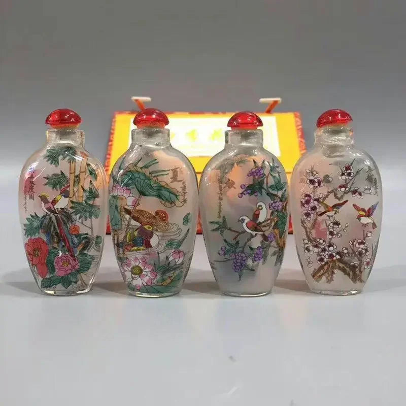 Inside‑Painted Flowers & Birds Snuff Bottles – Set of 4 with Box