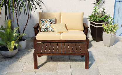 Outdoor Sofa Set Acacia Wood Dark Brown Beige Cushion 2 Piece Table