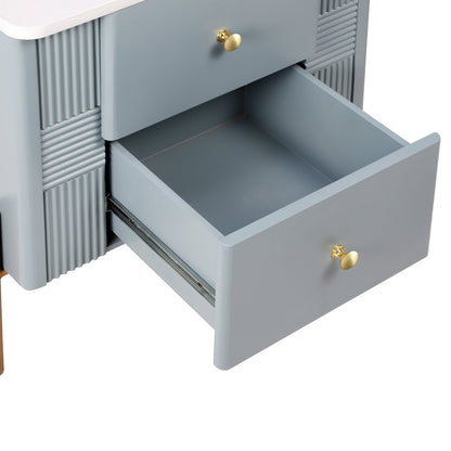 Modern Fluted Nightstand with 2 Drawers, Gold Metal Legs and Handles, Blue