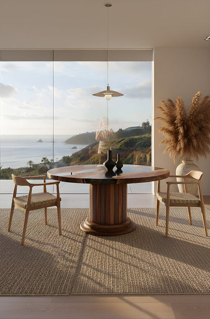 Round Dining Table with Solid Wood Drum Pedestal Base