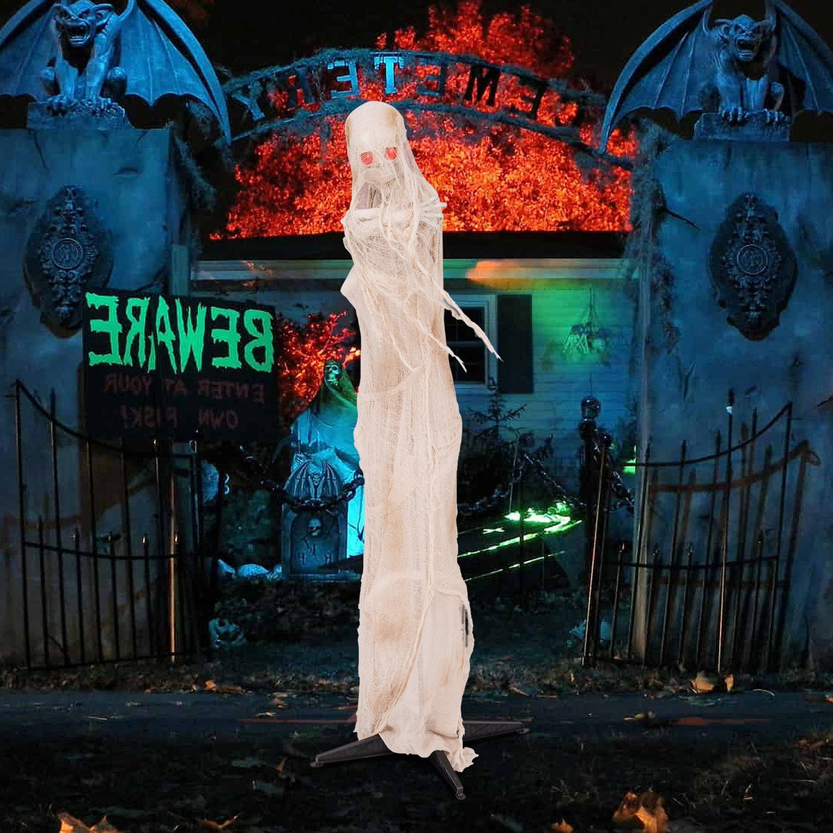 6FT Halloween Animated Standing Mummy with LED Red Glowing Eyes