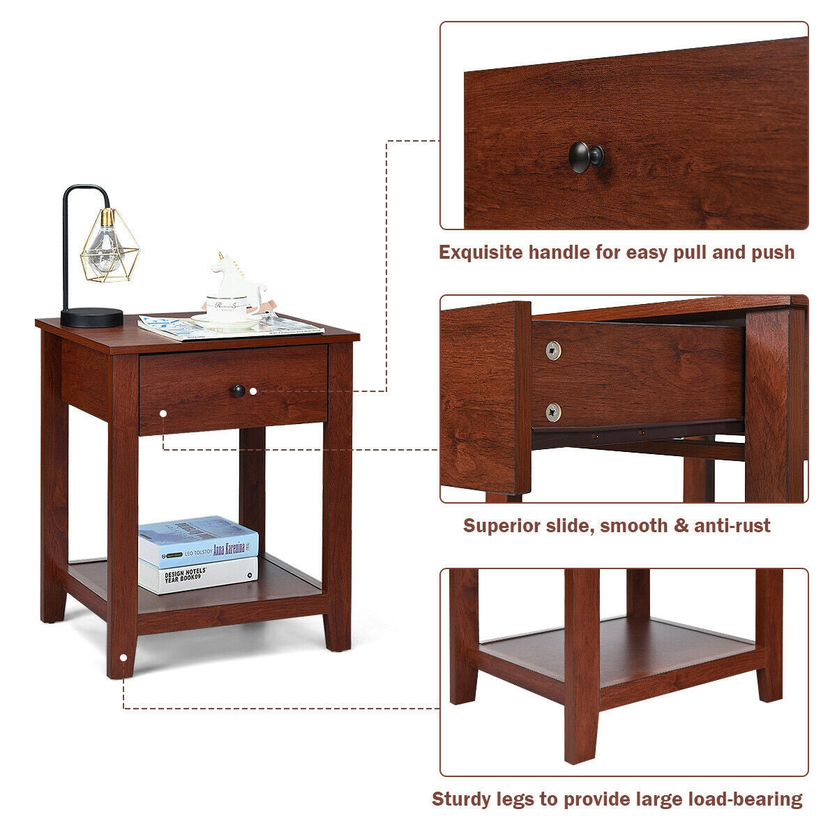Set of 2 Nightstand with Storage Shelf and Pull Handle