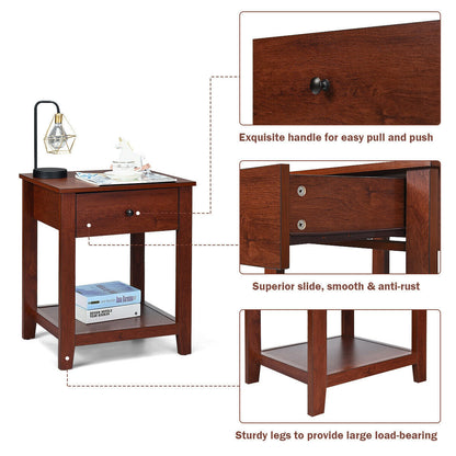 Set of 2 Nightstand with Storage Shelf and Pull Handle