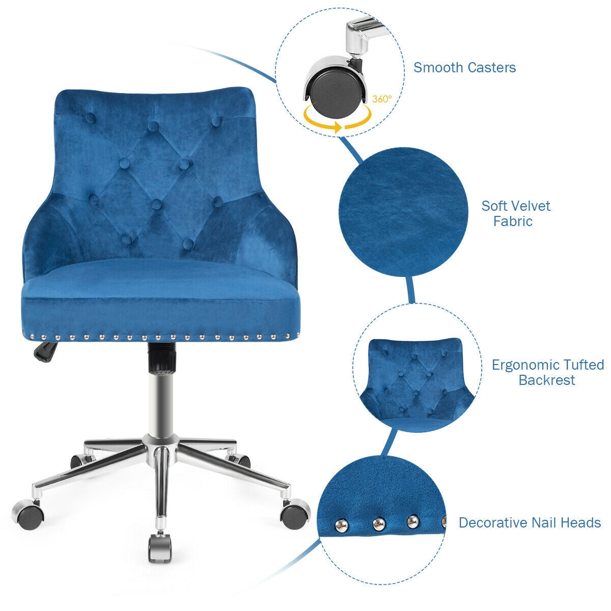 Tufted Upholstered Swivel Computer Desk Chair with Nailed Tri